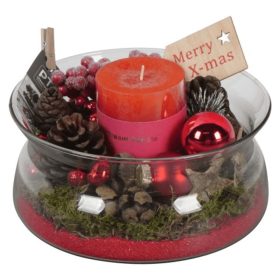   Karácsonyi üveg tál dekoráció gyertyával - Piros 20x15 cm