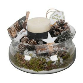   Karácsonyi üveg tál dekoráció gyertyával - Fehér 20x15 cm