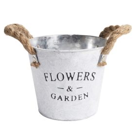   "Flowers&Garden" feliratos bádog kaspó - Fehér 14x12 cm