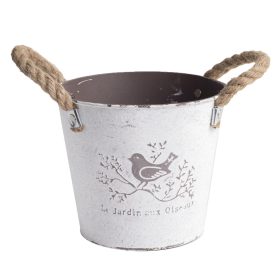 Madárkás füles bádog kaspó - Fehér 12x10 cm