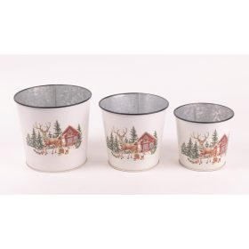   Téli házikós bádog kaspó szett - Fehér 12-16 cm (3 részes)