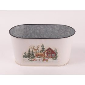 Téli házikós ovális bádog kaspó - Fehér 13x26 cm