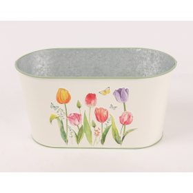 Tulipános bádog ovális kaspó - Fehér 23x12 cm