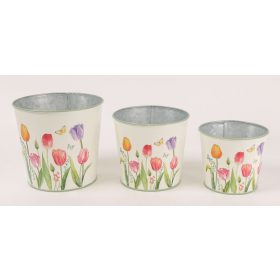 Tulipános bádog kaspó szett - Fehér 11,5-13-15 cm