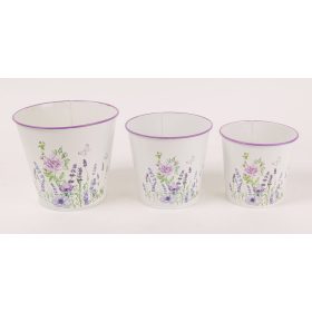 Lila Virágos bádog kaspó szett - Fehér 11,5-13-15 cm