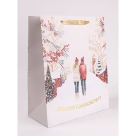 Téli sétáló pár papír táska - Fehér 18x23 cm