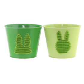 Plüss nyuszis bádog kaspó - Zöld 13x12 cm