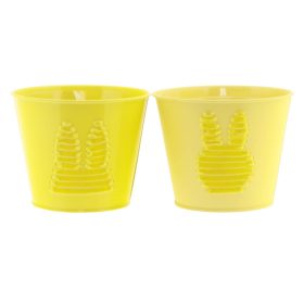 Plüss nyuszis bádog kaspó - Sárga 13x12 cm