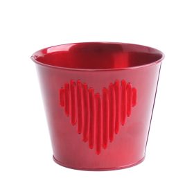 Plüss szíves bádog kaspó - Bordó 13x12 cm